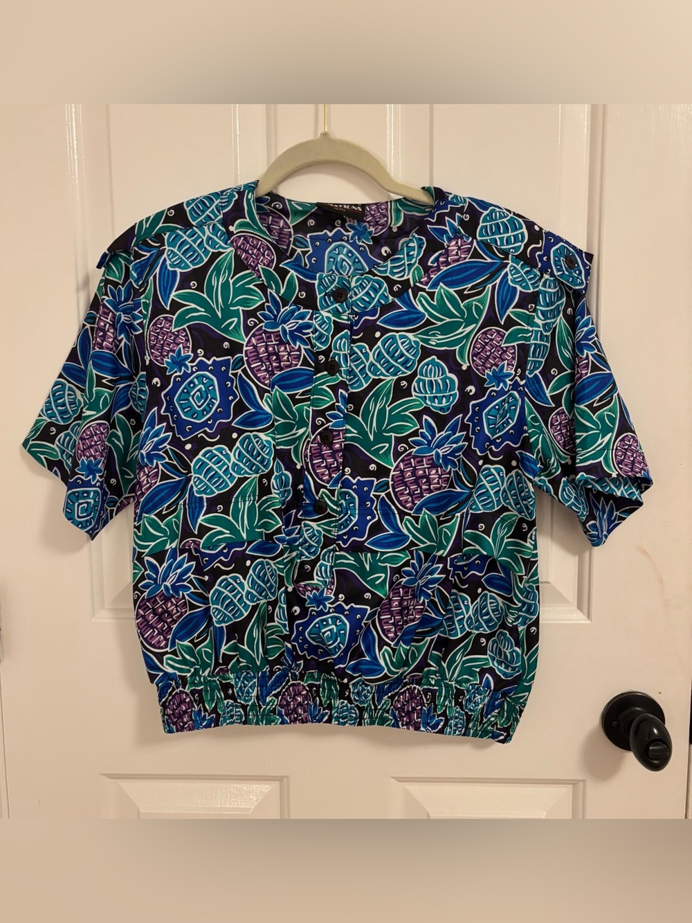Vintage Notations Tropical Pineapple Print Short Sleeve Top Petite Medium
